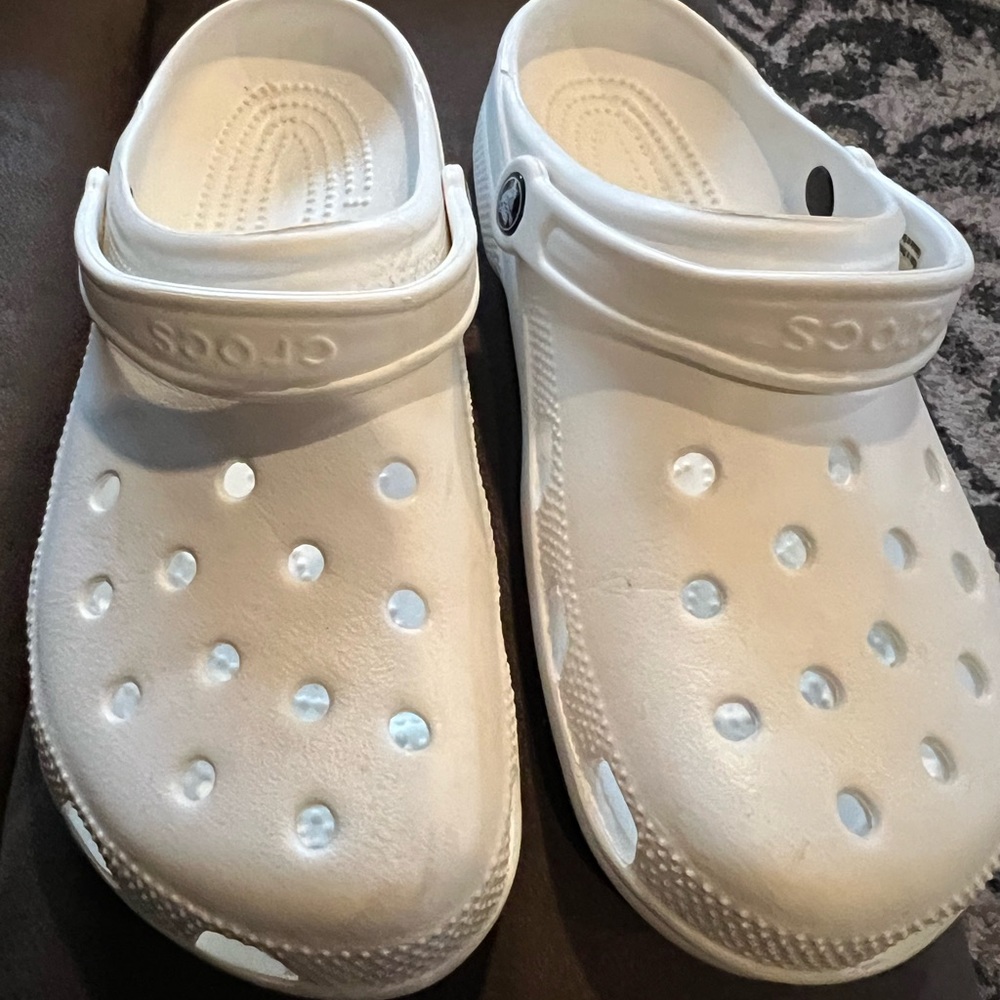White crocs, gently loved. Size 10 women/8 men